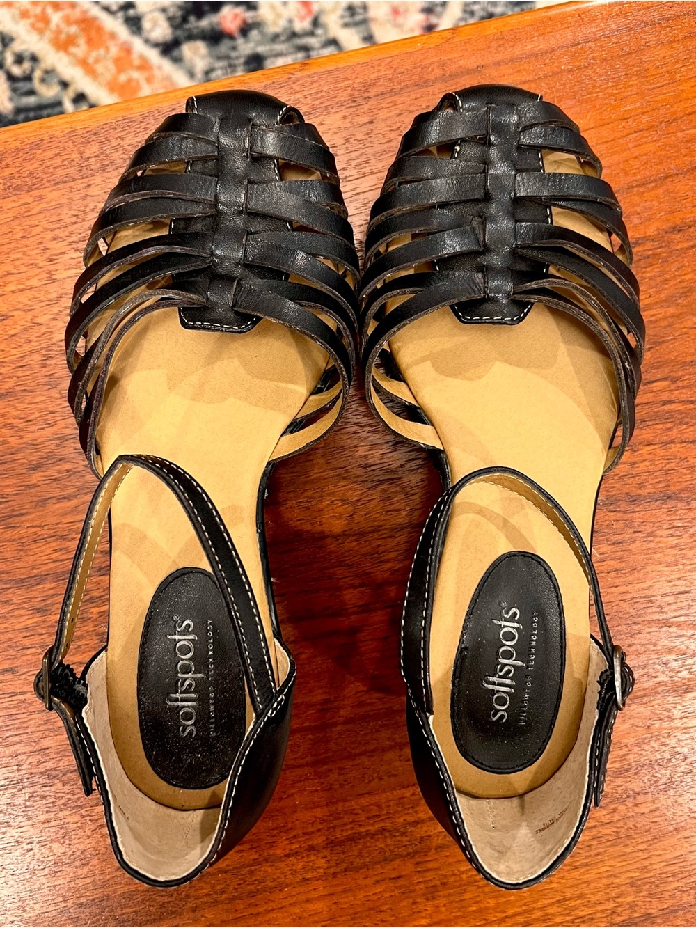 Leather Softspots Woven Black Leather Ankle Strap Buckle Comfort Sandals
